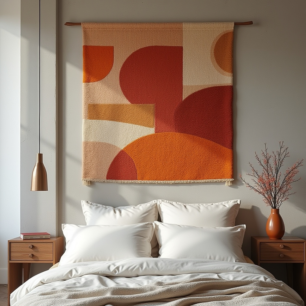 Bedroom with large textile wall hanging