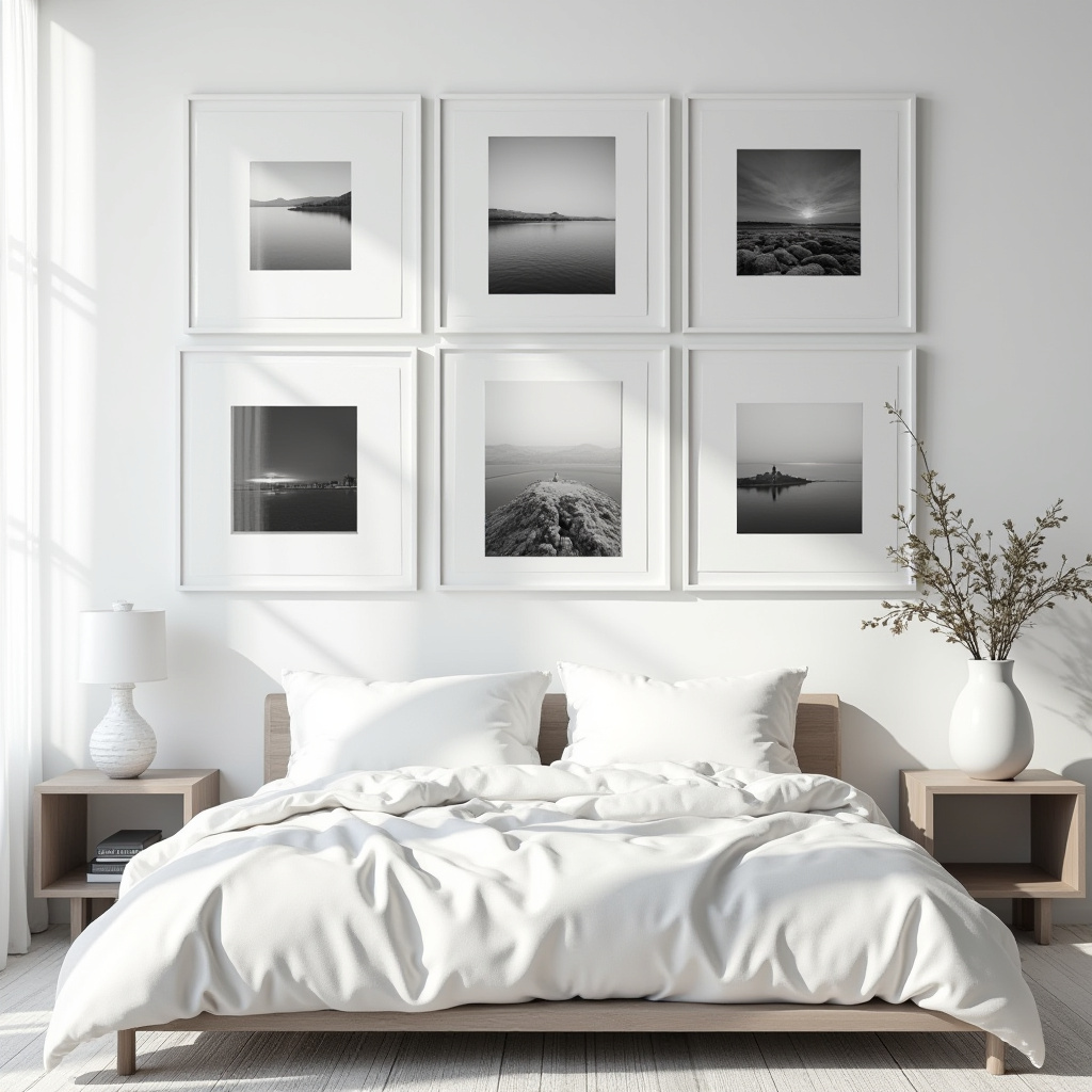 Monochromatic bedroom with black and white photos