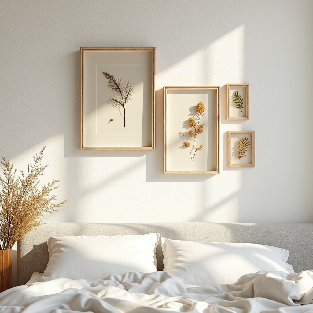Bedroom with pressed botanical art