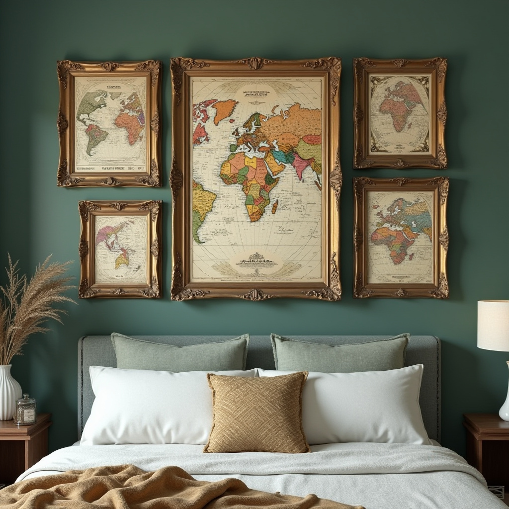 Vintage bedroom with antique map collection