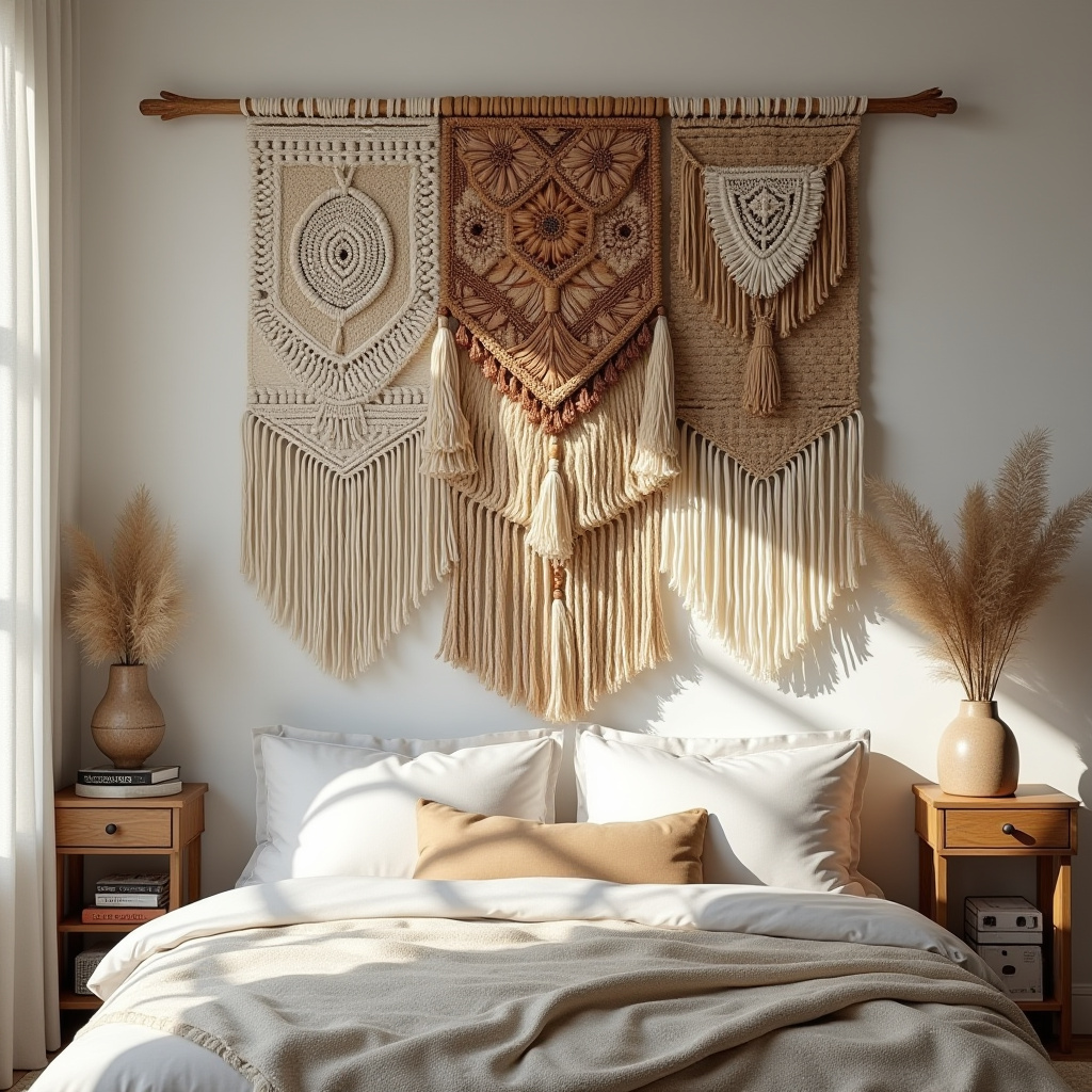 Bohemian bedroom with layered textile wall hanging