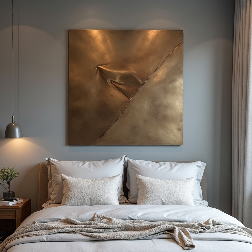 Contemporary bedroom with large metal wall sculpture