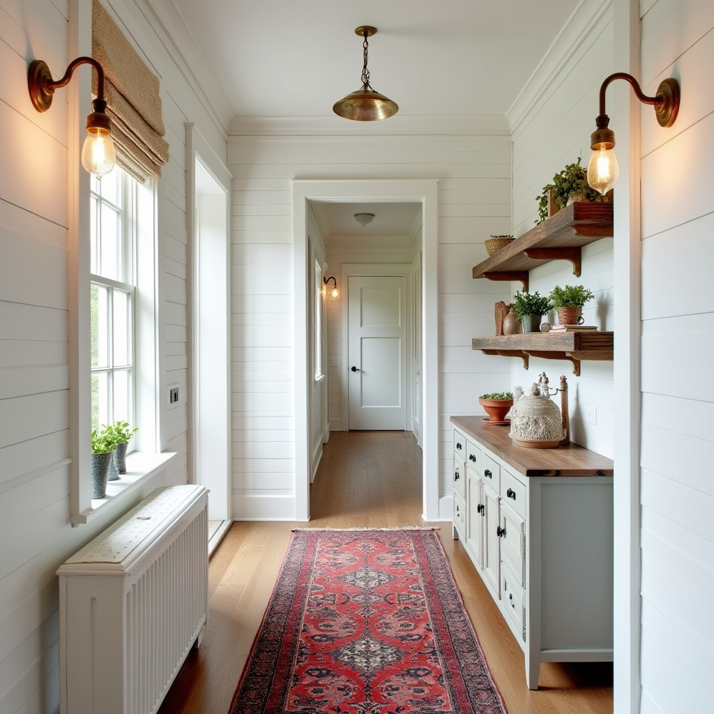 Farmhouse hallway with vintage runner