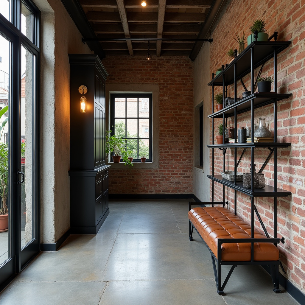Loft style hallway with metal shelving