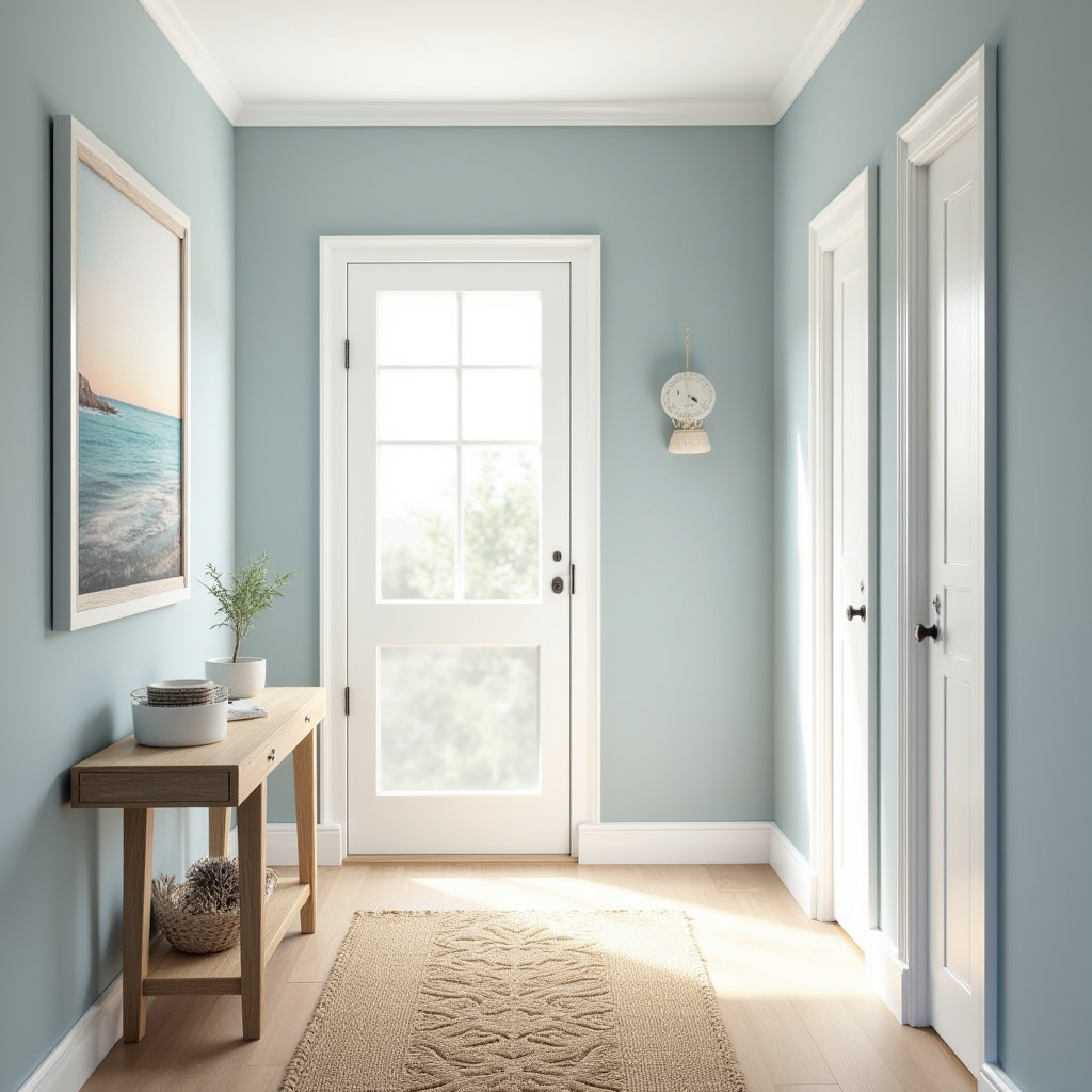 Coastal hallway with nautical art