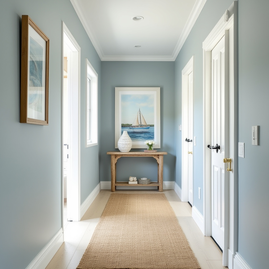Driftwood console in coastal hallway