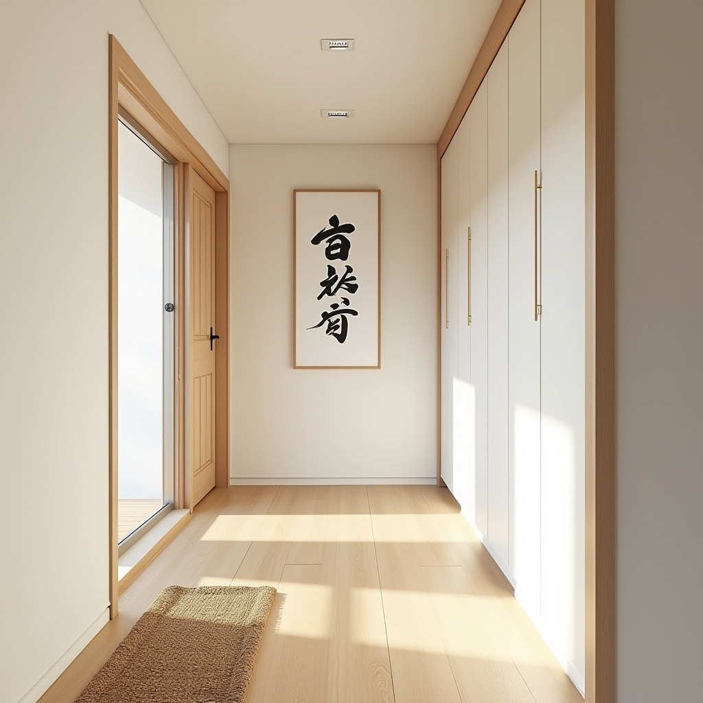 Minimalist hallway with calligraphy art