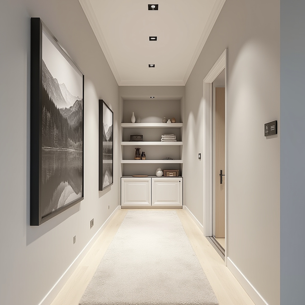 Floating shelves in transitional hallway