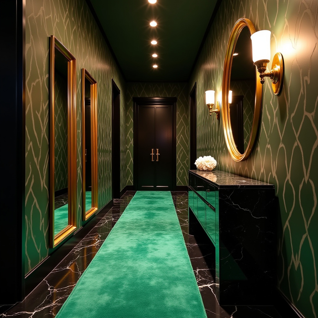 Black marble console in art deco hallway