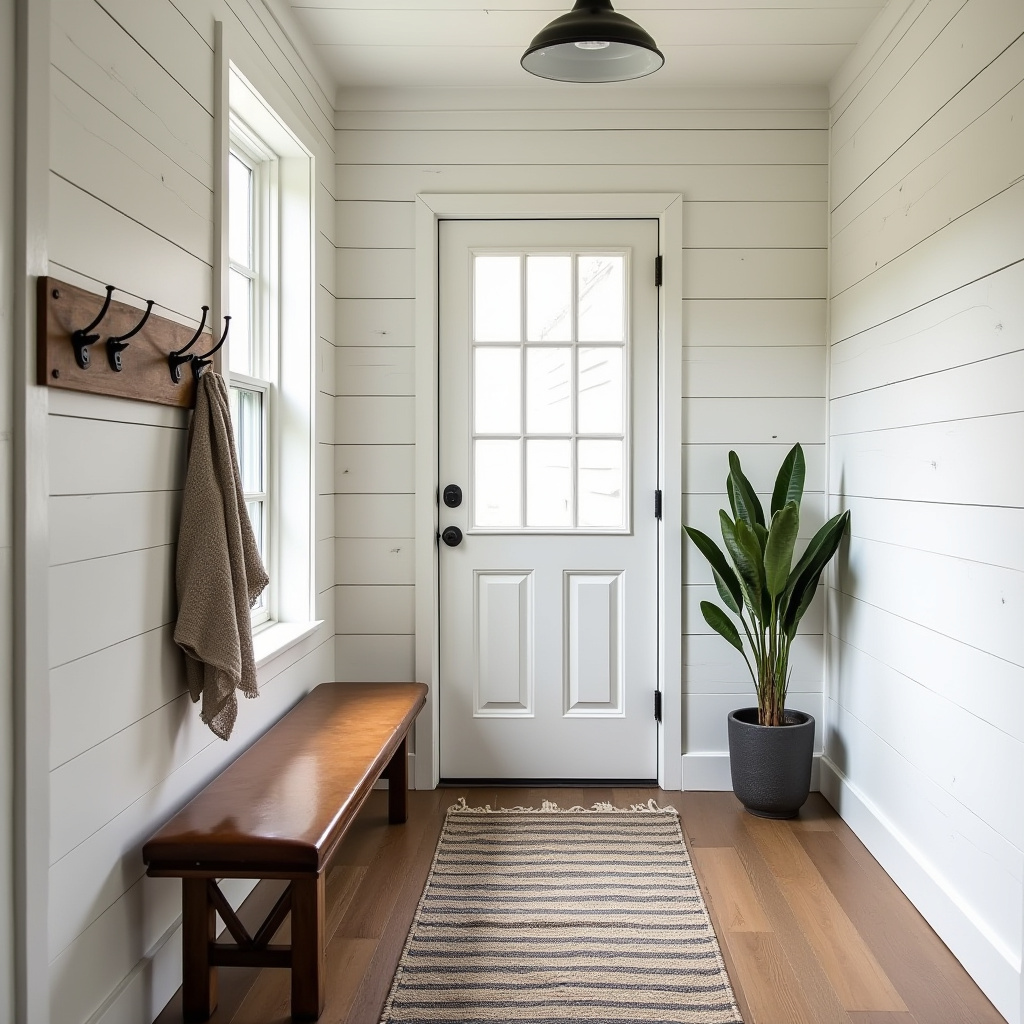 Leather bench in farmhouse hallway