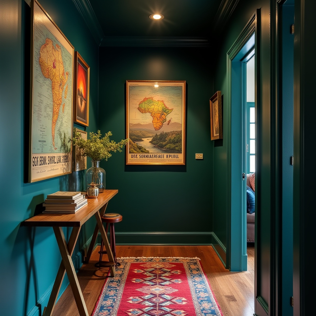 Brass console in eclectic hallway