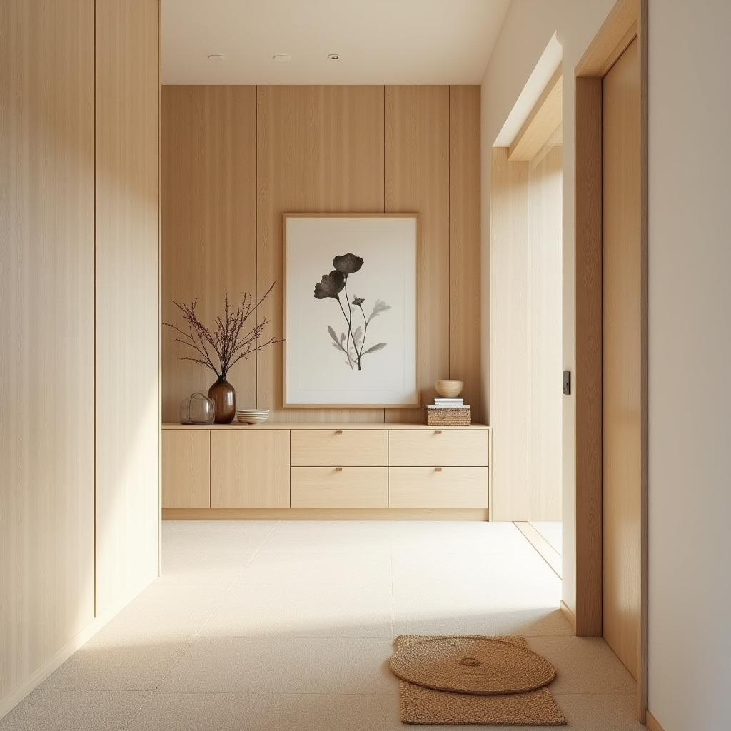 Ink wash artwork in minimalist hallway