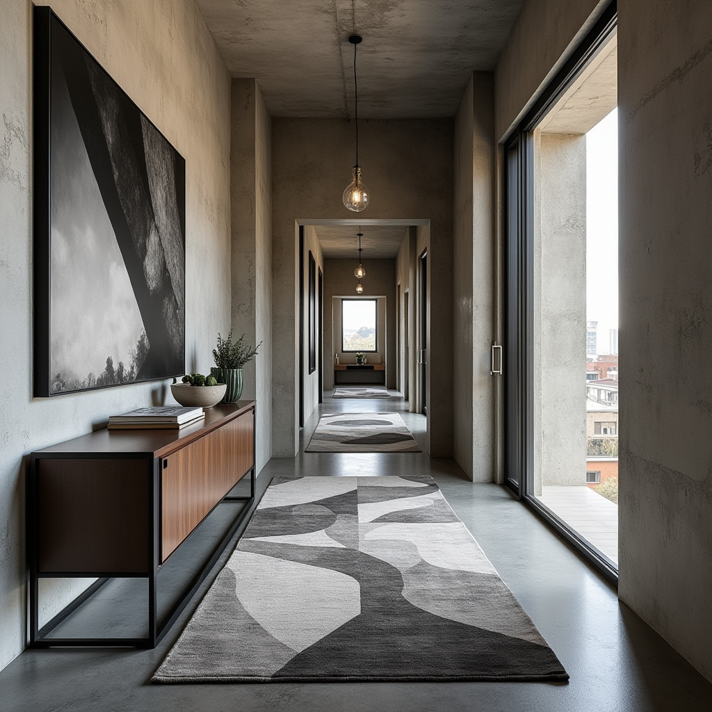Metal and wood console in urban hallway