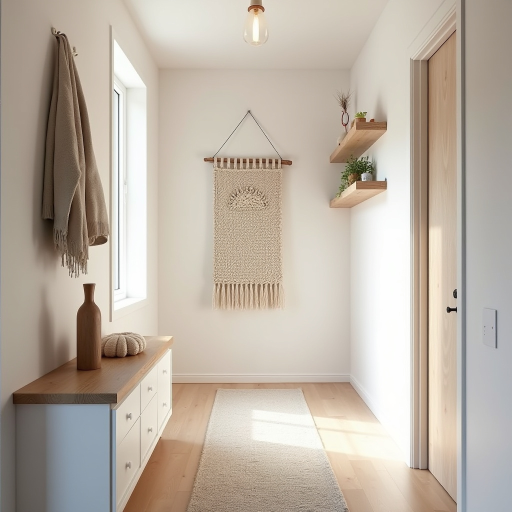 Scandinavian hygge hallway with knit wall hanging