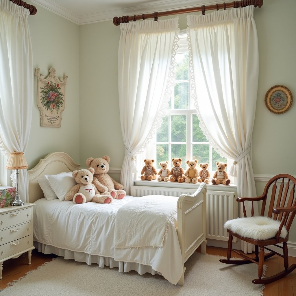 airy victorian kids room with white furniture