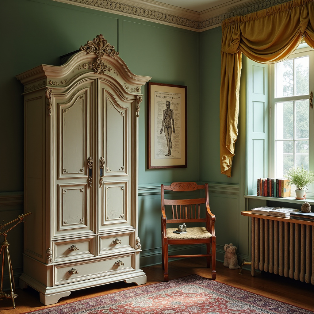 hand-carved wooden wardrobe in victorian kids room