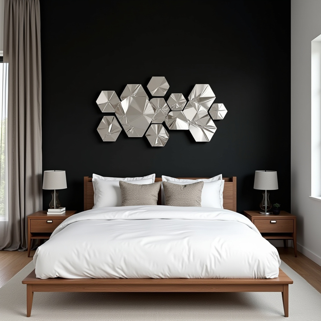 Contemporary bedroom with black wall and geometric art