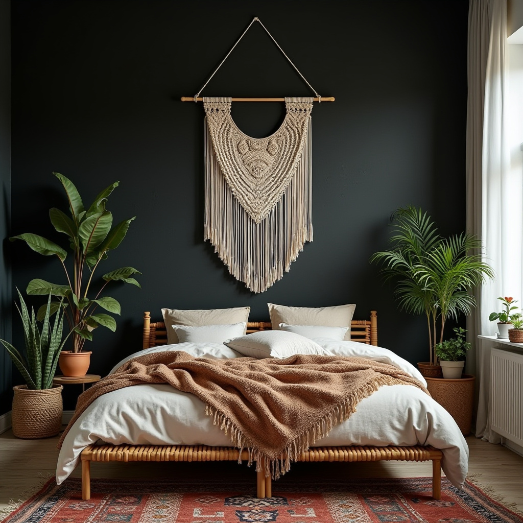 Bohemian bedroom with black wall and macramé