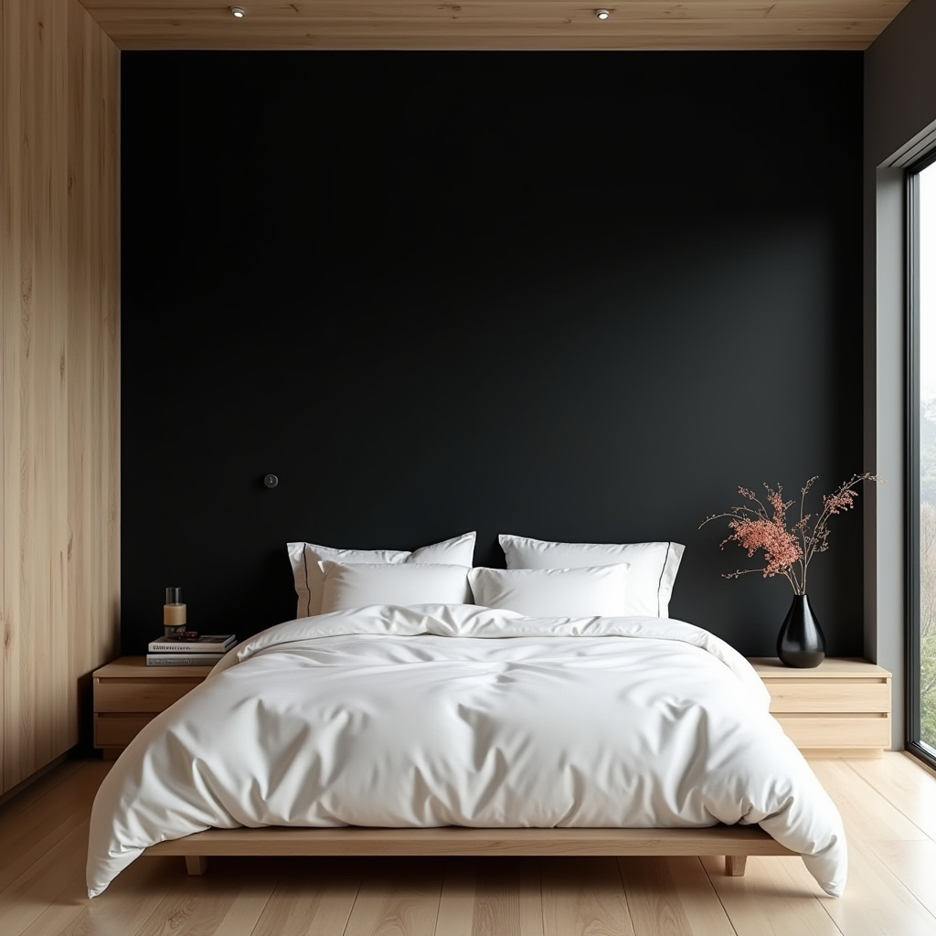 Japanese minimalist bedroom with black wall and wood paneling