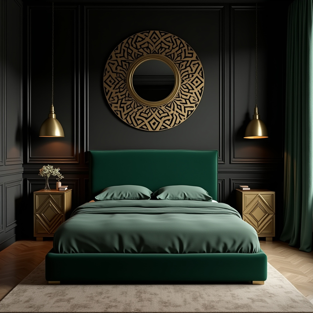 Art deco bedroom with black wall and gold geometric pattern