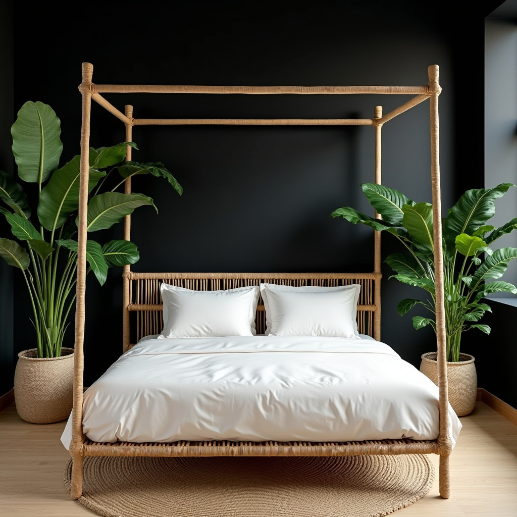 Tropical modern bedroom with black wall and botanical decal