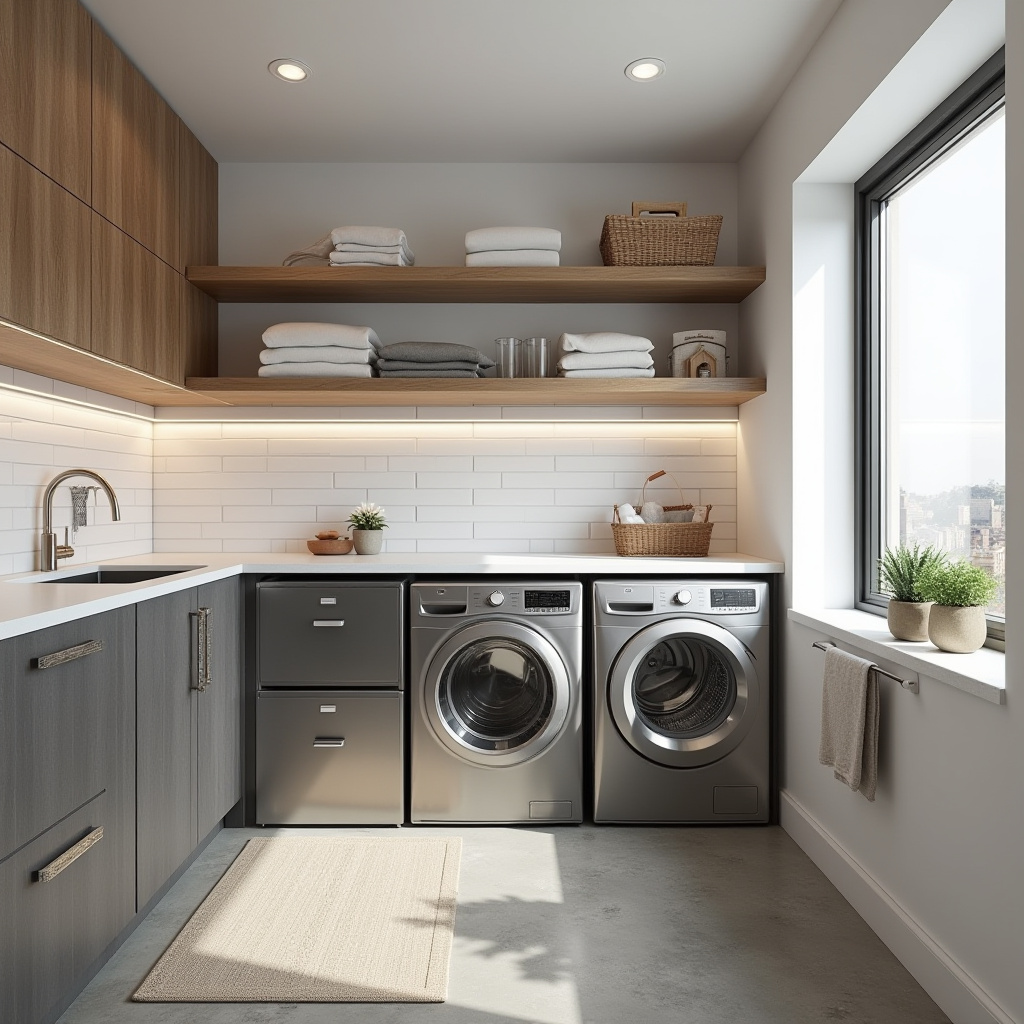 modern industrial laundry room with concrete floors