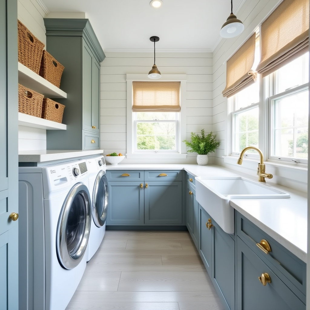 coastal style laundry room with blue-grey cabinets