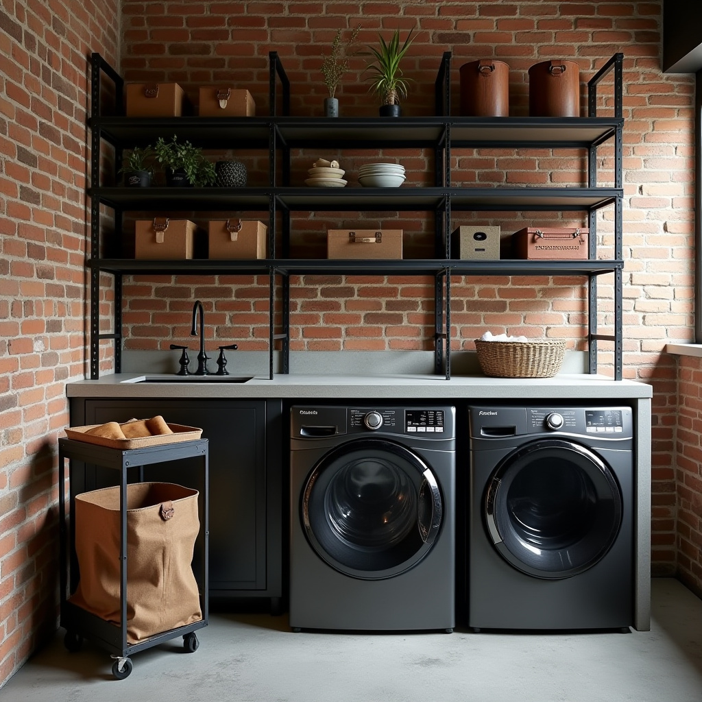 industrial luxury laundry room with exposed brick