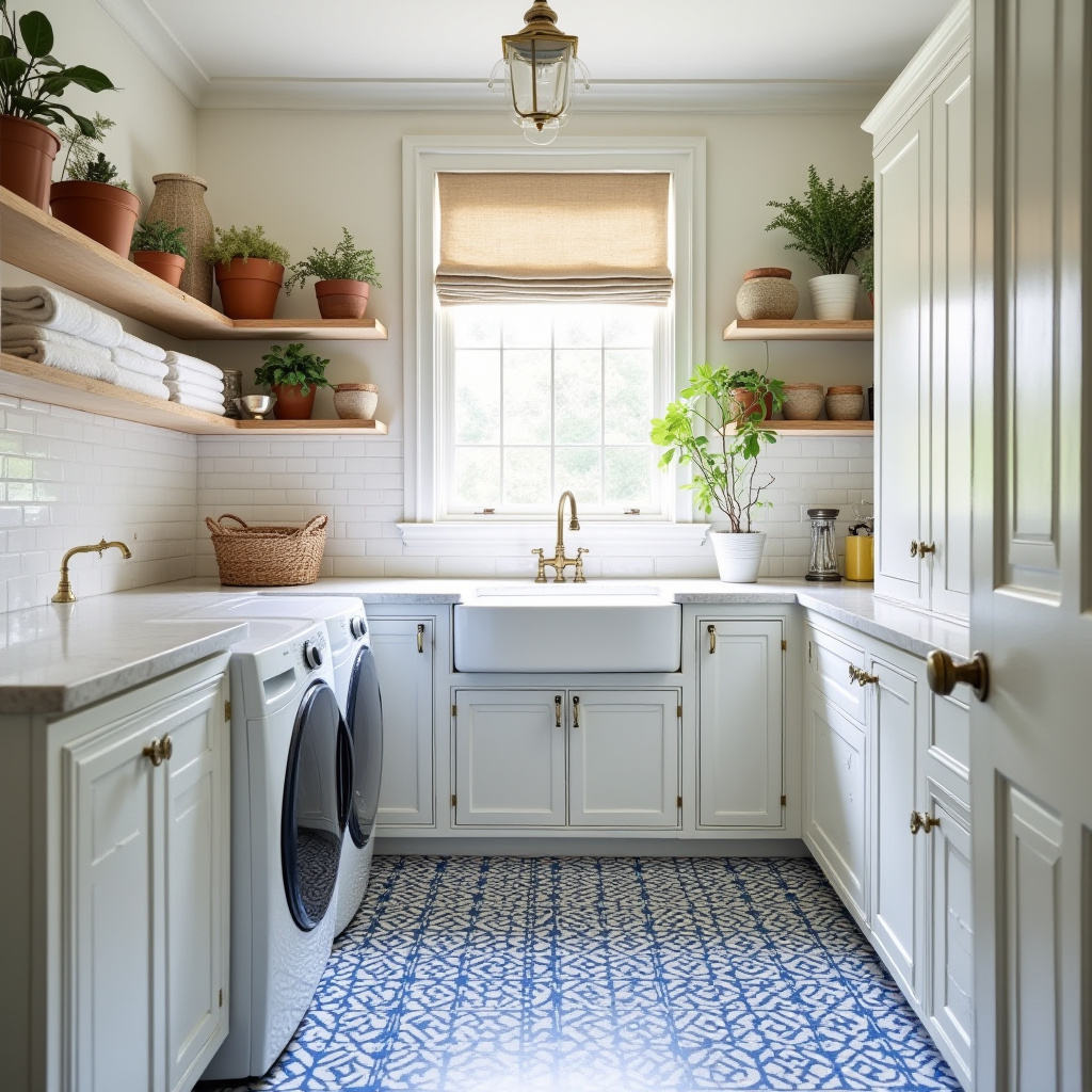 Mediterranean laundry room with blue and white cement tiles