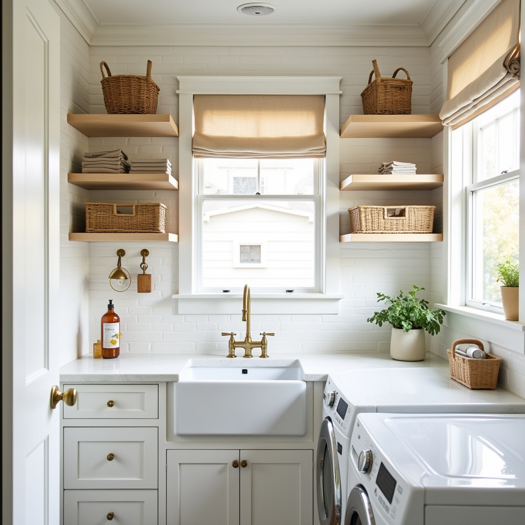 California casual laundry room with subway tiles