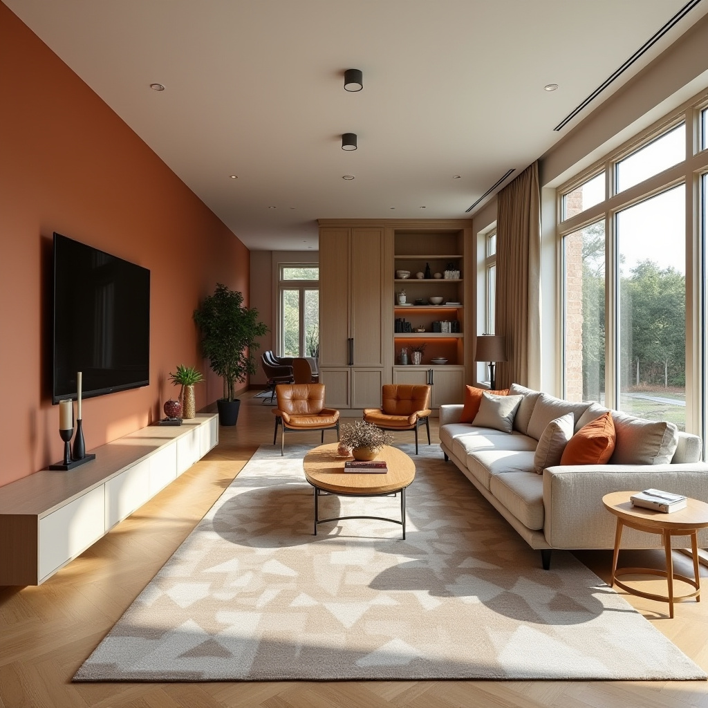 Contemporary long living room with terracotta wall
