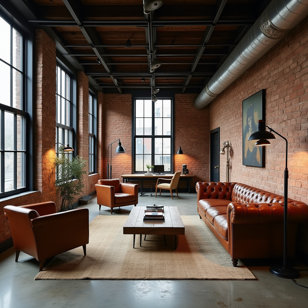 Industrial style long living room with exposed brick