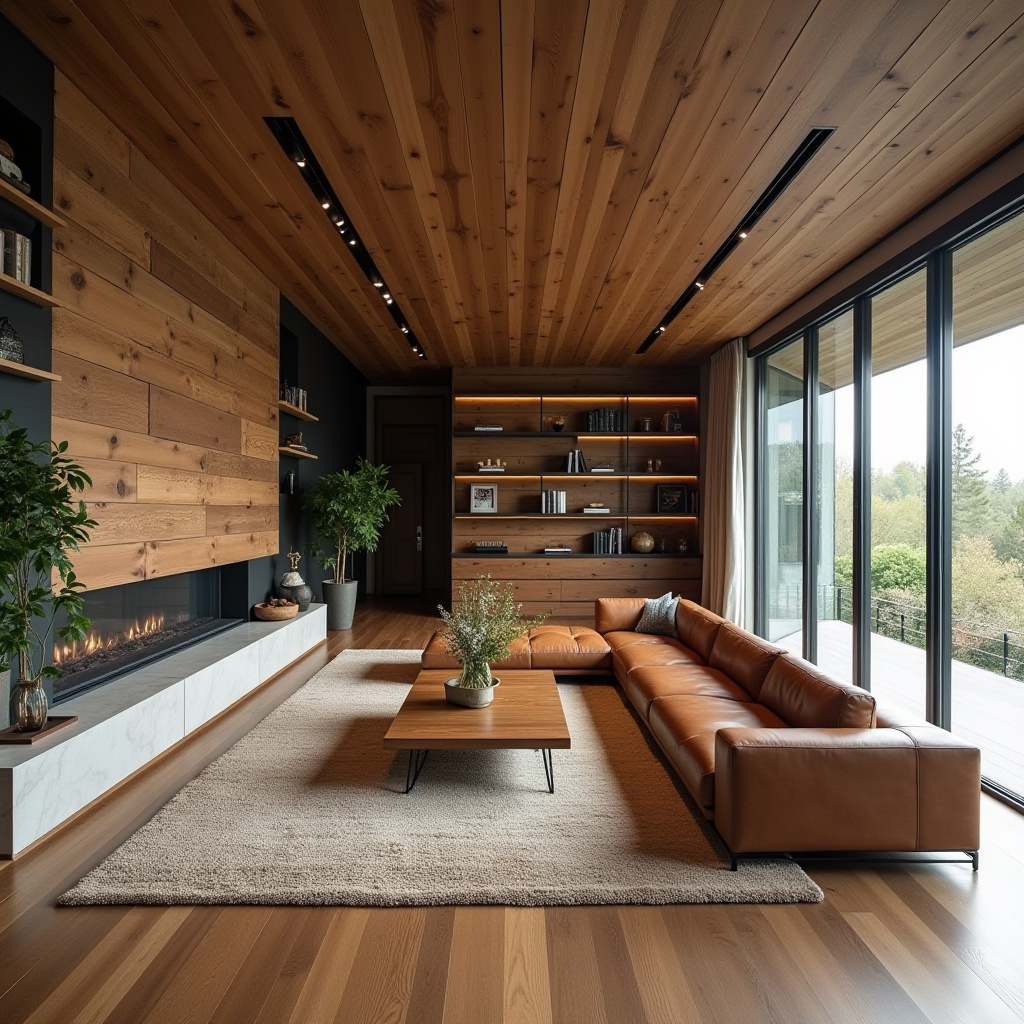 Rustic modern long living room with reclaimed wood