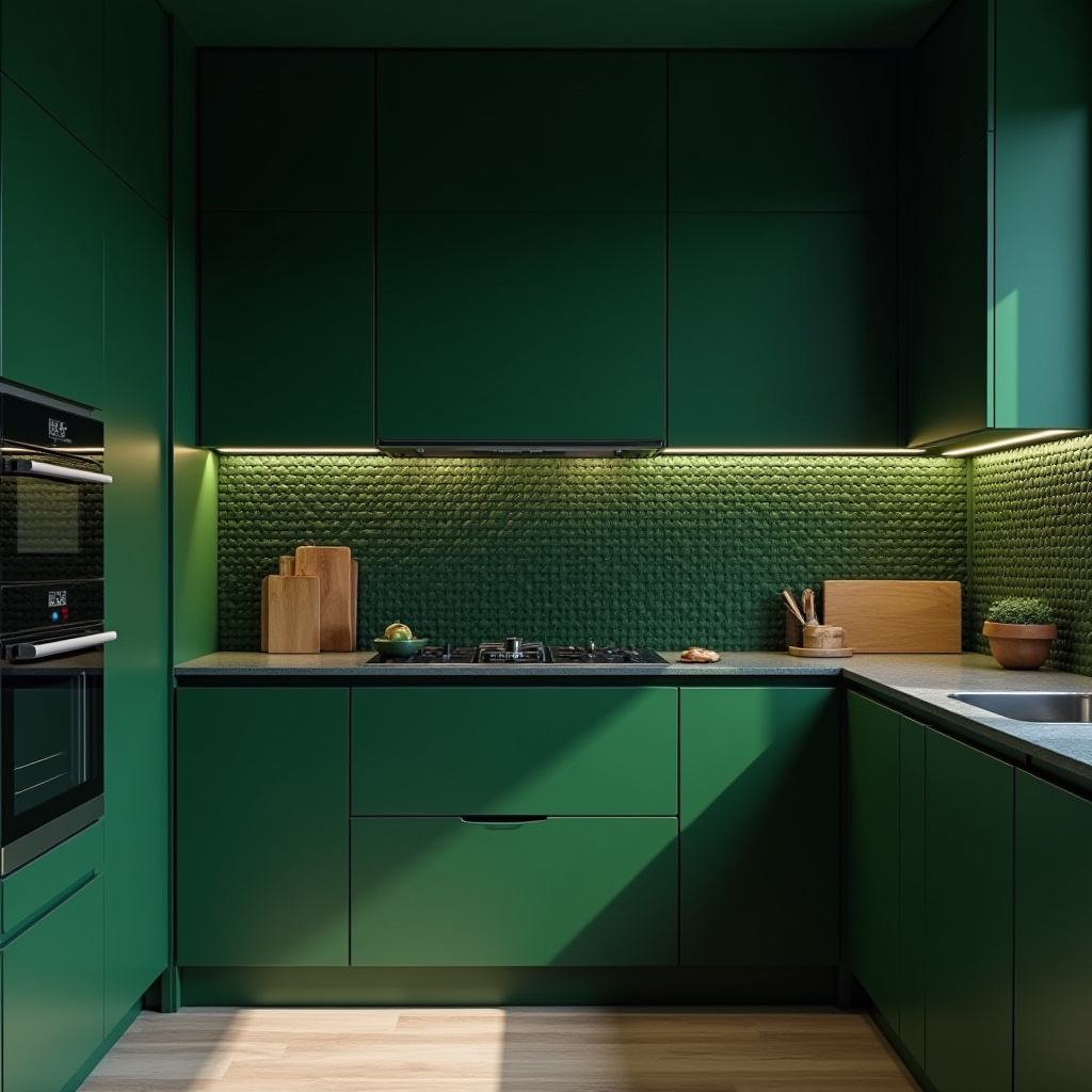 monochromatic forest green kitchen