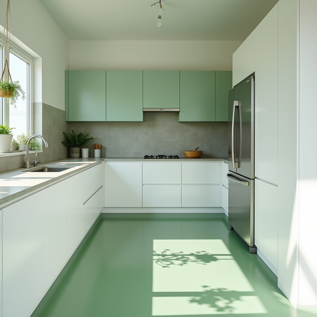 minimalist kitchen with sage green concrete floor