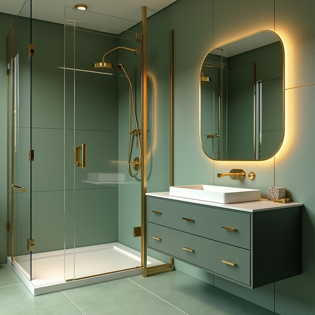 contemporary green and gold bathroom