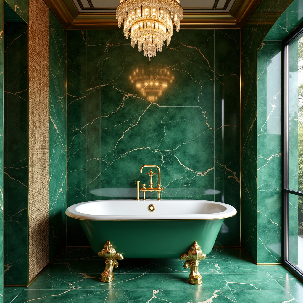 luxurious green and gold bathroom with chandelier