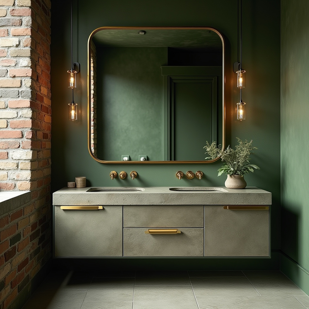 industrial green and gold bathroom