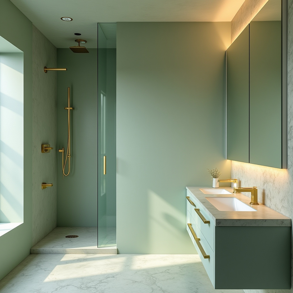 minimalist green and gold bathroom