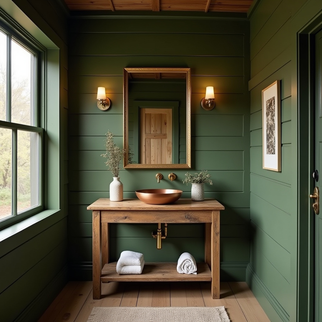 rustic green and gold bathroom