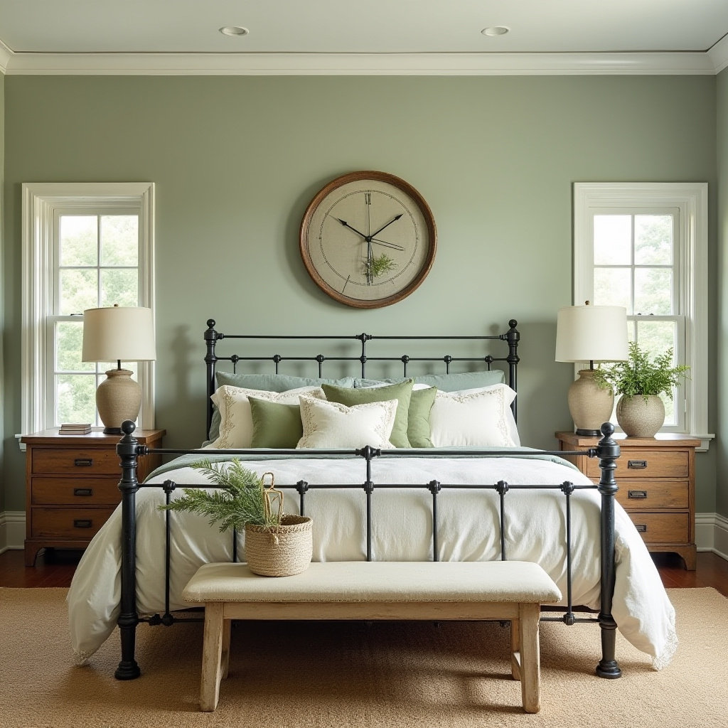 farmhouse bedroom paint colors sage green crown molding
