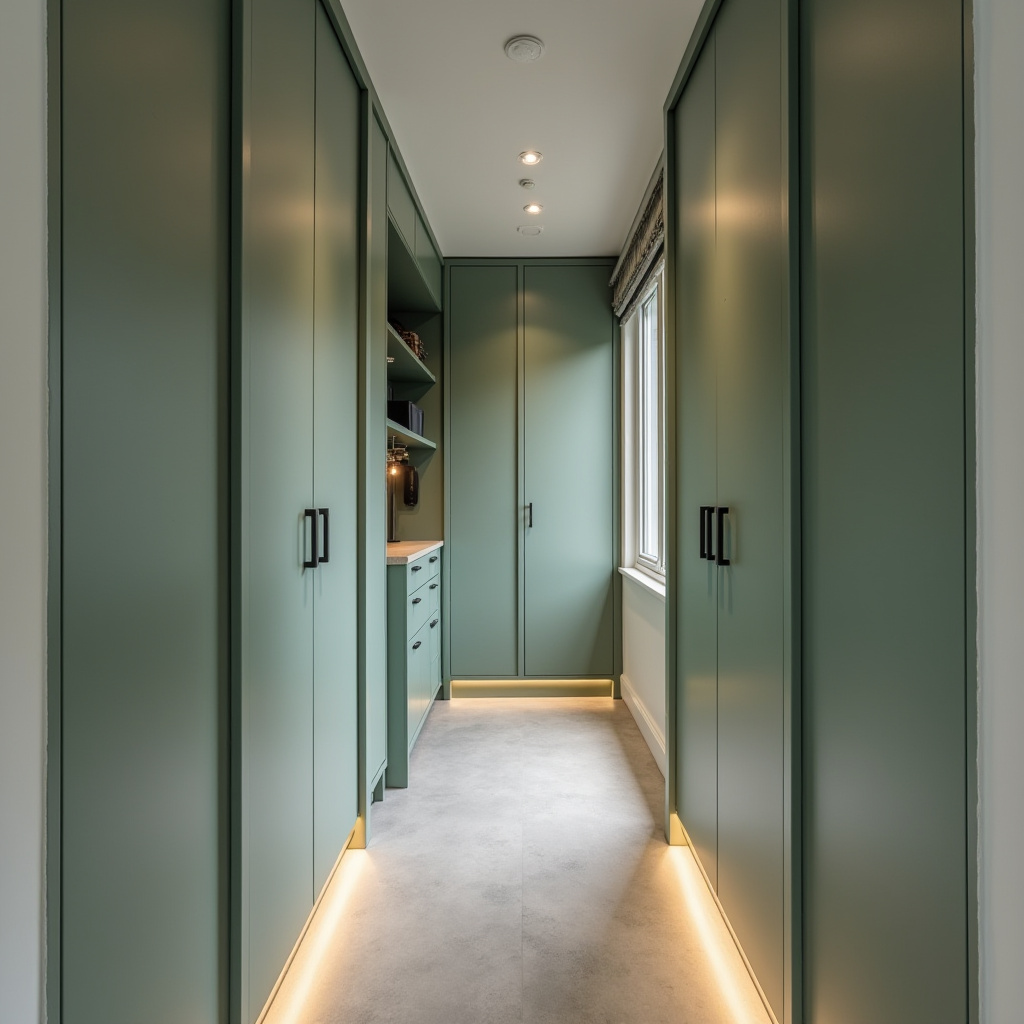 Modern hallway with sage green cabinets