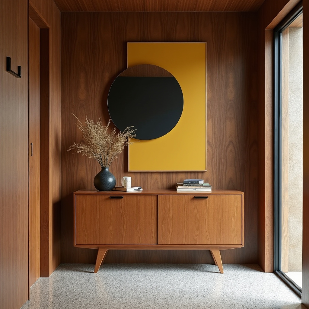 Hallway with teak paneling and terrazzo floor