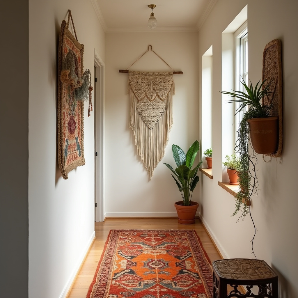 Hallway with layered rugs and plants