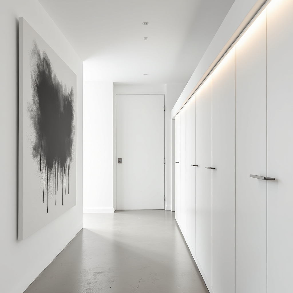 Sleek minimalist hallway with abstract art