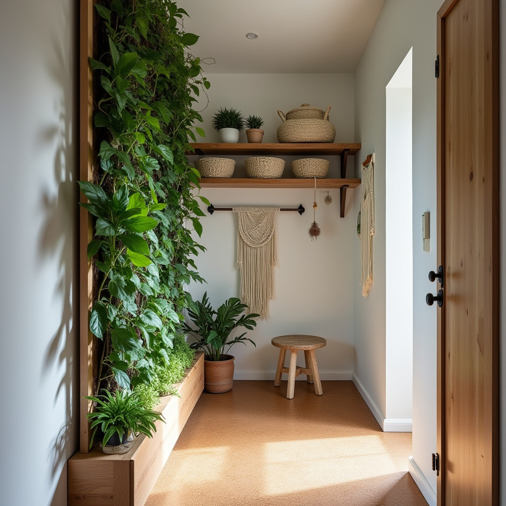 Hallway with recycled wood shelves and cork flooring