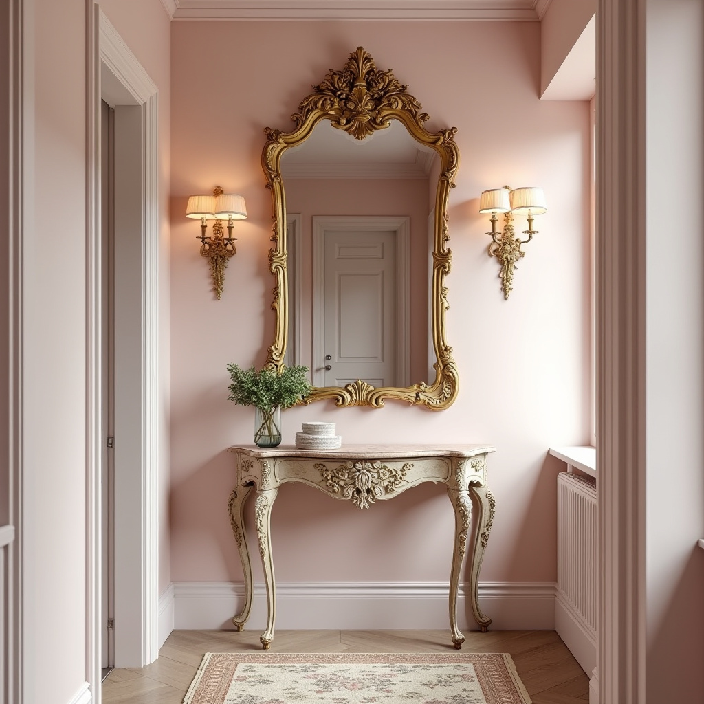 Parisian chic hallway with blush walls