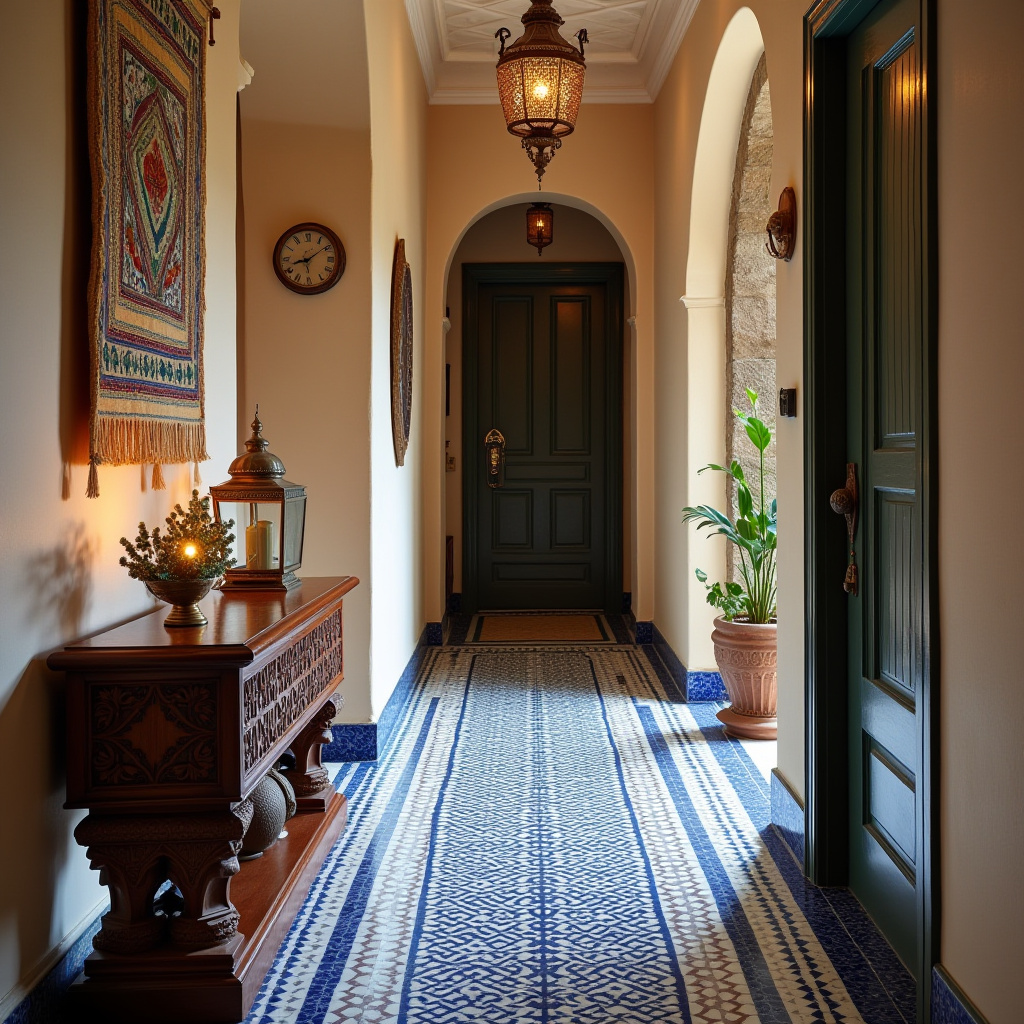 Moroccan hallway with intricate tile flooring