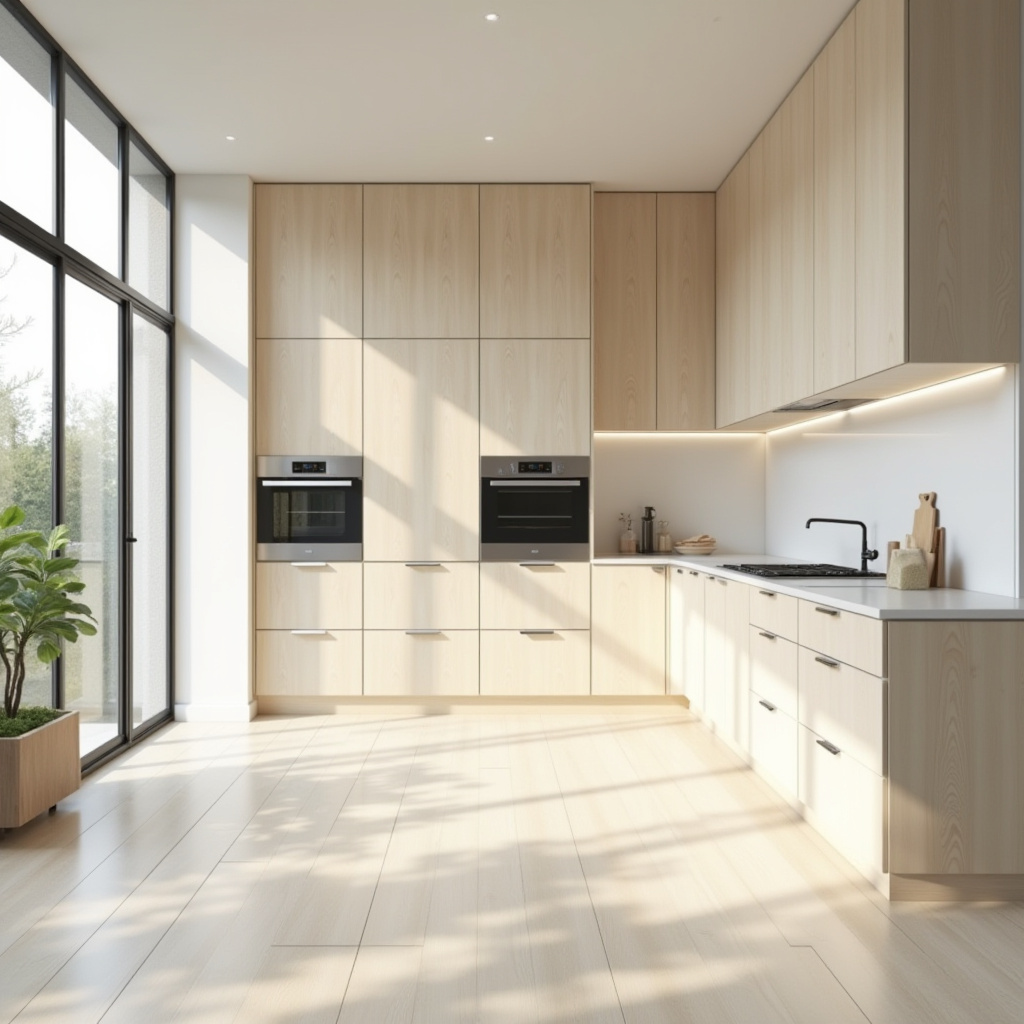 Scandinavian kitchen cabinets in white oak with integrated handles