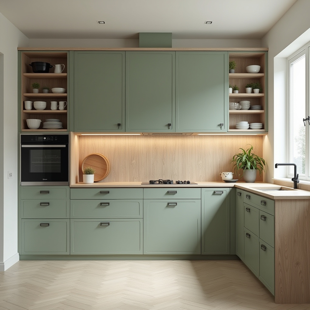 Muted sage green Scandinavian kitchen cabinets